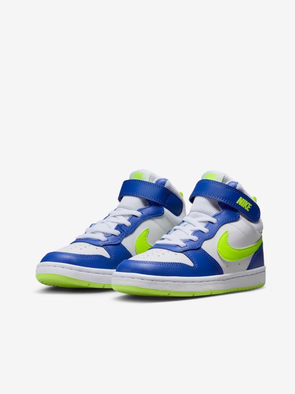 6C Nike Kids Mid-Top Sneakers in White, Royal Blue & Volt Green